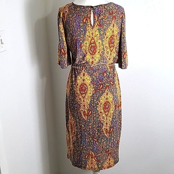 Mlle Gabrielle Colorful Paisley Sheath Dress with Gold Chain Belt, Size Medium - Picture 6 of 11
